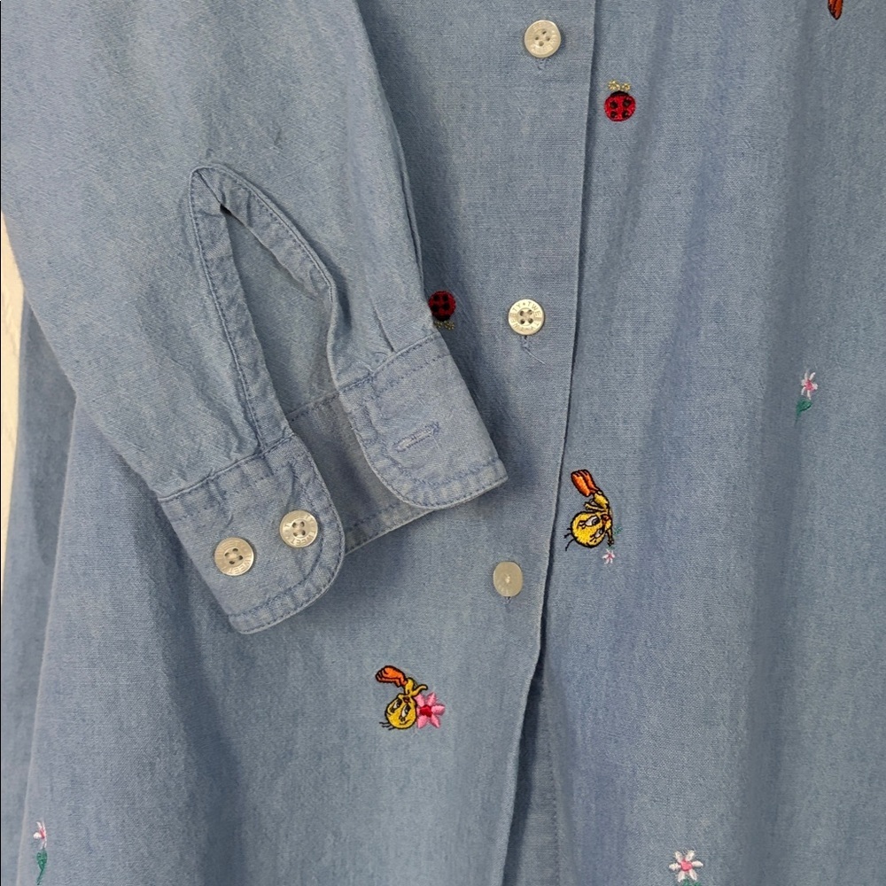 WB Warner Bros. Looney Tunes Tweety Bird Button Up Chambray Blouse Shirt size XS - Picture 7 of 15